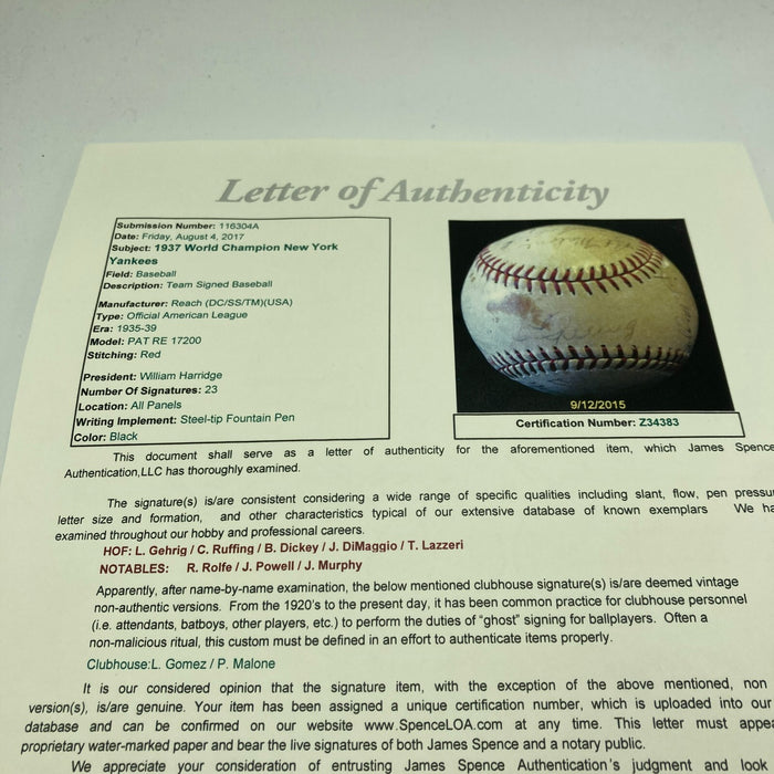 1937 New York Yankees World Series Champs Team Signed Baseball Lou Gehrig JSA
