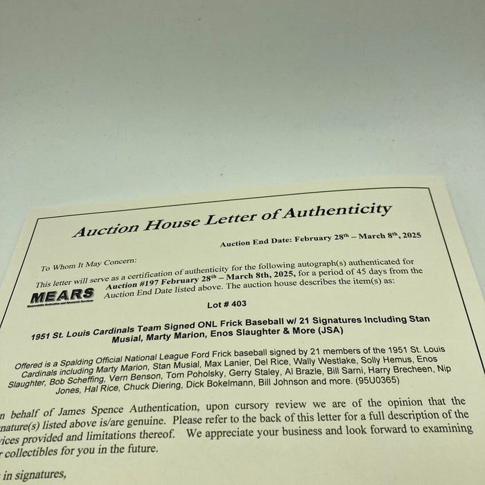 1951 St. Louis Cardinals Team Signed National League Baseball Stan Musial JSA