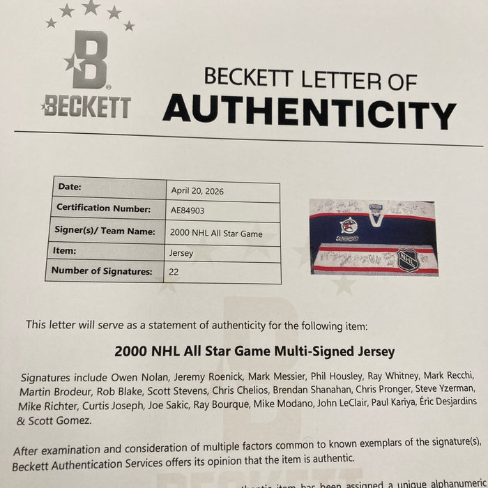 2000 NHL All Star Game Team Signed Authentic Jersey PSA DNA & Beckett COA