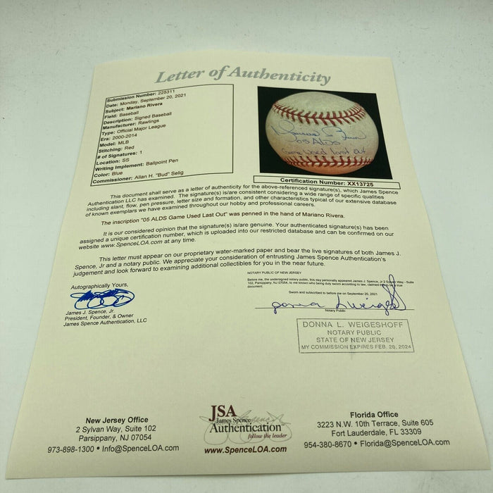 Mariano Rivera 2005 Playoffs Final Out Save Signed Game Used Baseball JSA COA