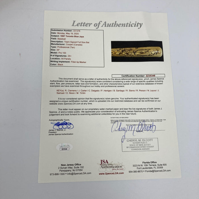 1997 Toronto Blue Jays Team Signed Baseball Bat Roger Clemens 25+ Sigs JSA