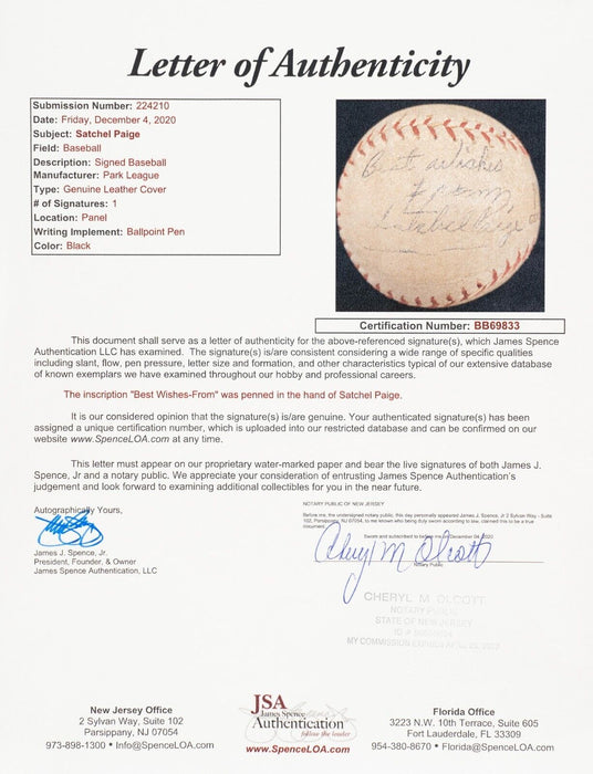 Satchel Paige Single Signed Autographed Baseball JSA COA