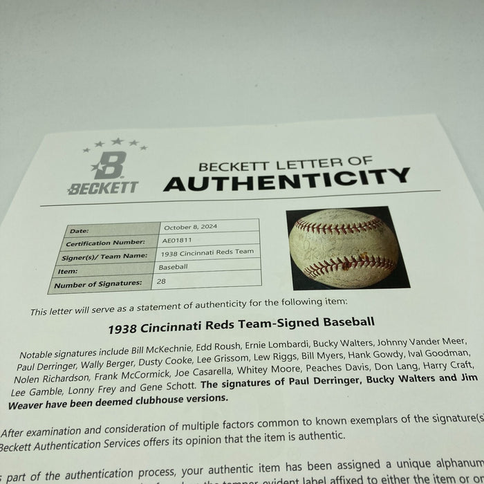 1938 Cincinnati Reds Team Signed Baseball Ernie Lombardi Beckett COA