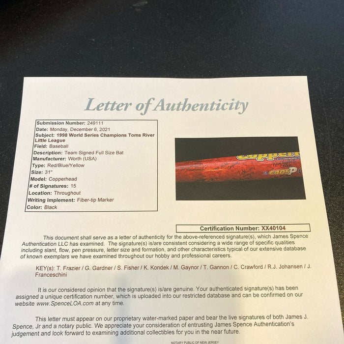 1998 Toms River Little League World Series Champs Team Signed Baseball Bat JSA