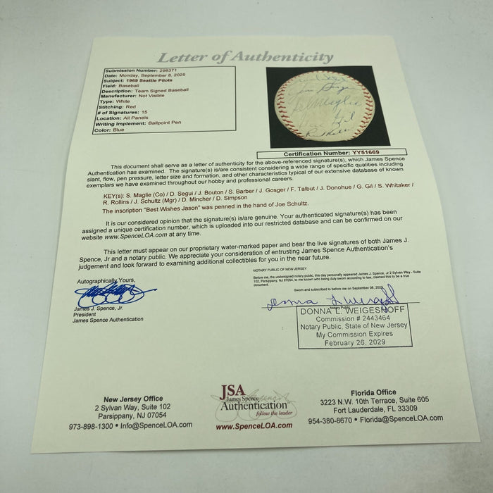 1969 Seattle Pilots Inaugural Team Signed Baseball JSA COA RARE