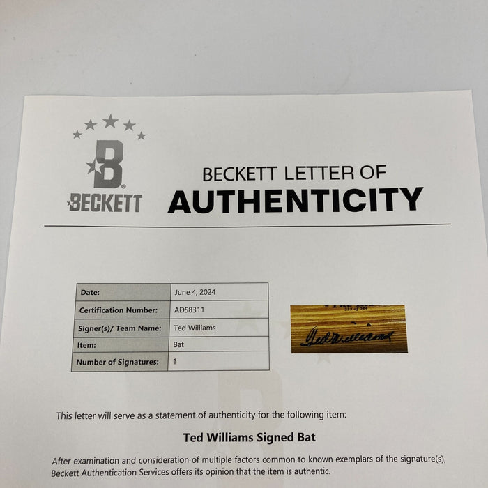 Beautiful Ted Williams Signed "The Kid" Baseball Bat Beckett COA