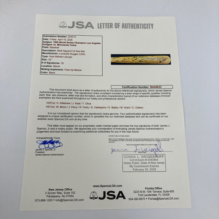 1965 Los Angeles Dodgers World Series Champs Team Signed Baseball Bat JSA COA