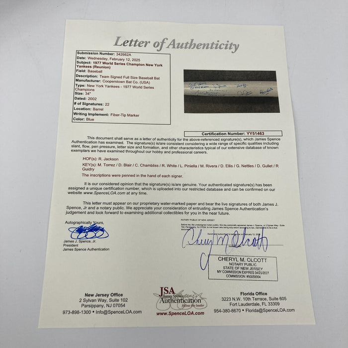 1977 New York Yankees World Series Champs Team Signed Bat 22 Sigs JSA COA