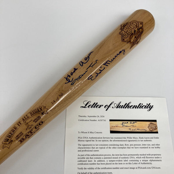Willie Mays, Hank Aaron, Eddie Murray 3500 Club Signed Baseball Bat PSA DNA COA