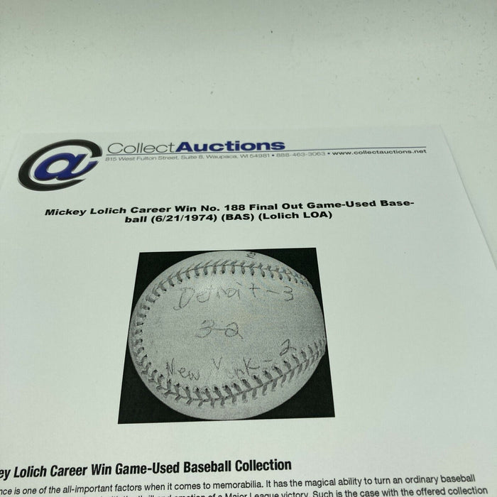 Mickey Lolich Signed Career Win No. 188 Final Out Game Used Baseball Beckett COA