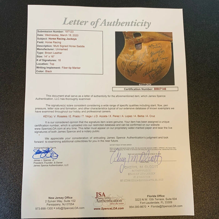 Legendary Horse Racing Jockeys Multi Signed Full Size Saddle 18 Sigs JSA COA