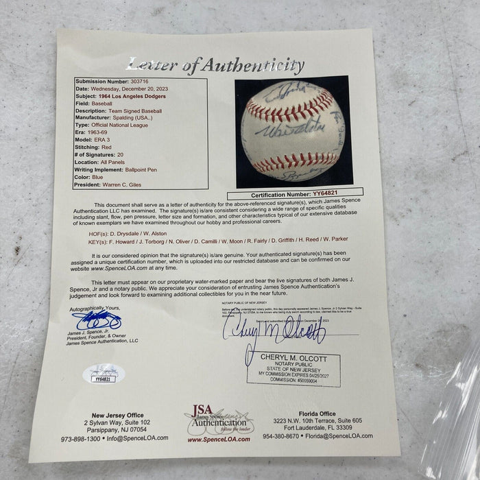 1964 Los Angeles Dodgers Team Signed National League Baseball JSA COA