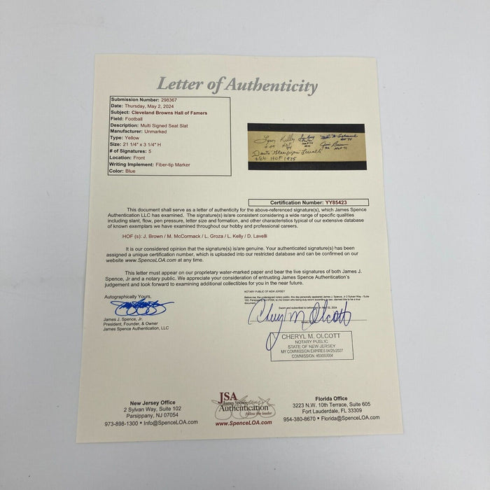 Jim Brown Lou Groza Browns HOF Multi Signed Stadium Seatback Slat JSA COA
