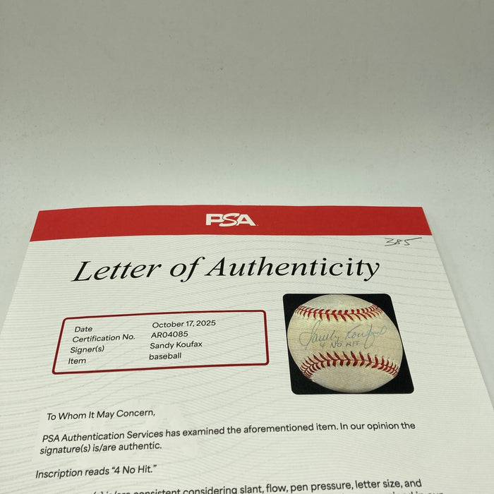 Sandy Koufax "4 No Hitters" Signed Inscribed National League Baseball PSA DNA