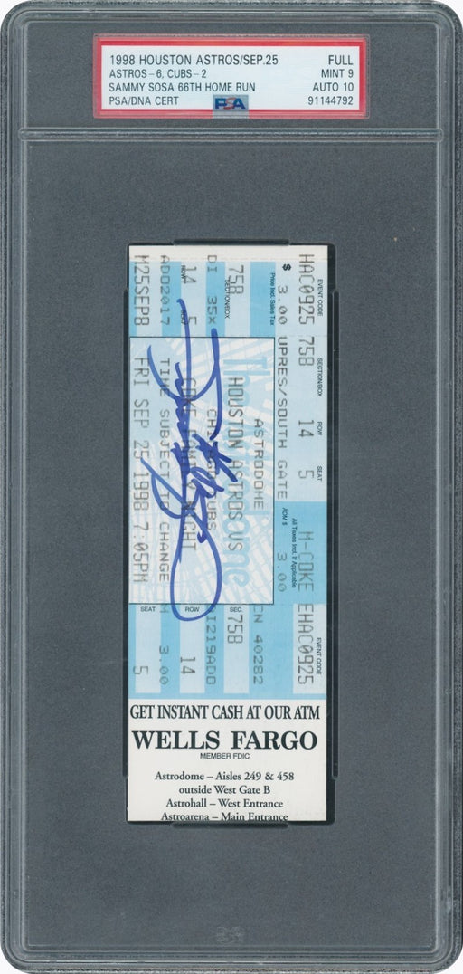 Sammy Sosa Signed 66th Home Run Signed 1998 Full Ticket PSA 9 MINT Auto 10
