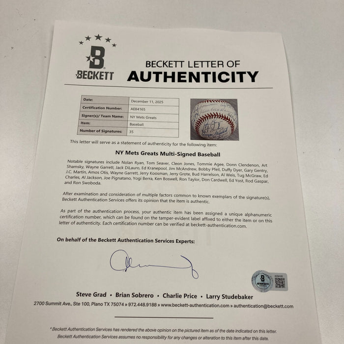 1969 New York Mets Champs Team Signed Baseball Tom Seaver Nolan Ryan 35 Sigs BAS