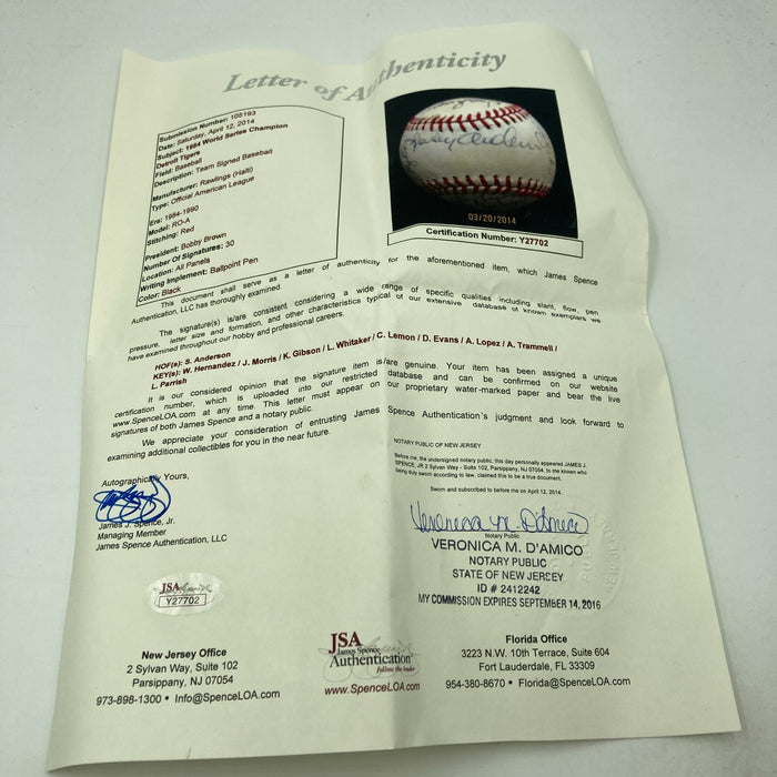 1984 Detroit Tigers World Series Champs Team Signed Baseball 30 Sigs JSA COA
