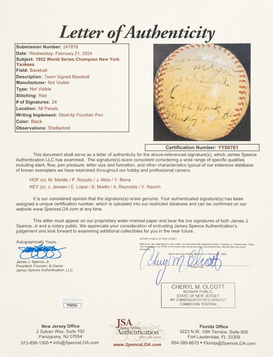 1952 New York Yankees World Series Champs Team Signed Baseball Mickey Mantle JSA