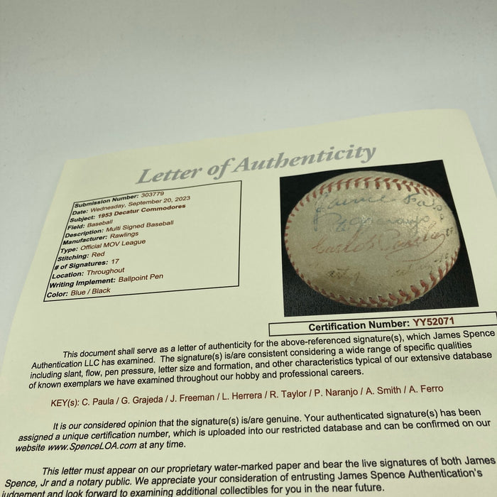 1953 Decatur Commodores Minor League Champions Team Signed Baseball JSA COA RARE