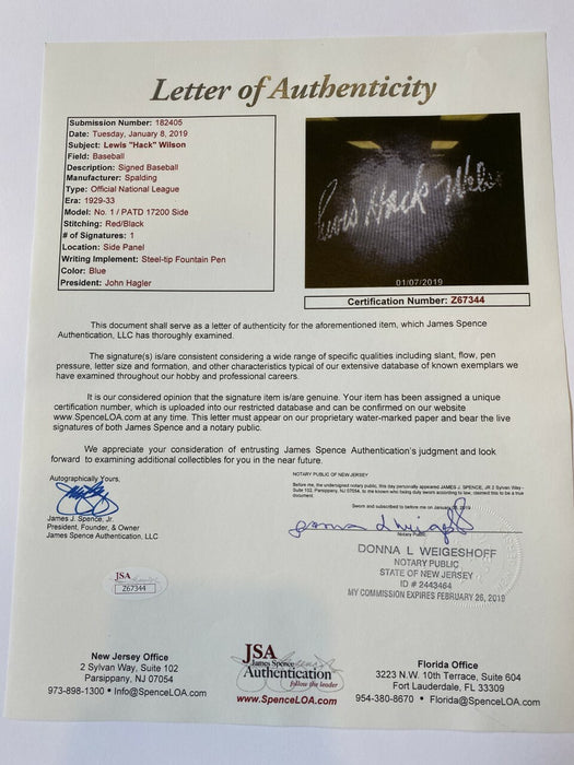 Rare Hack Wilson Single Signed 1930 National League Baseball PSA DNA & JSA COA