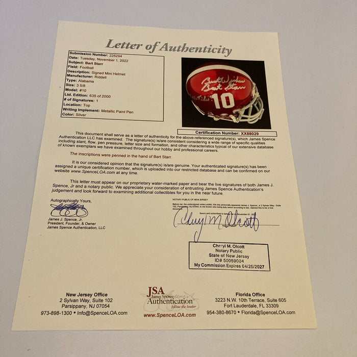 Bart Starr "Roll Tide" Signed Alabama Crimson Tide Riddell Mini Helmet JSA COA