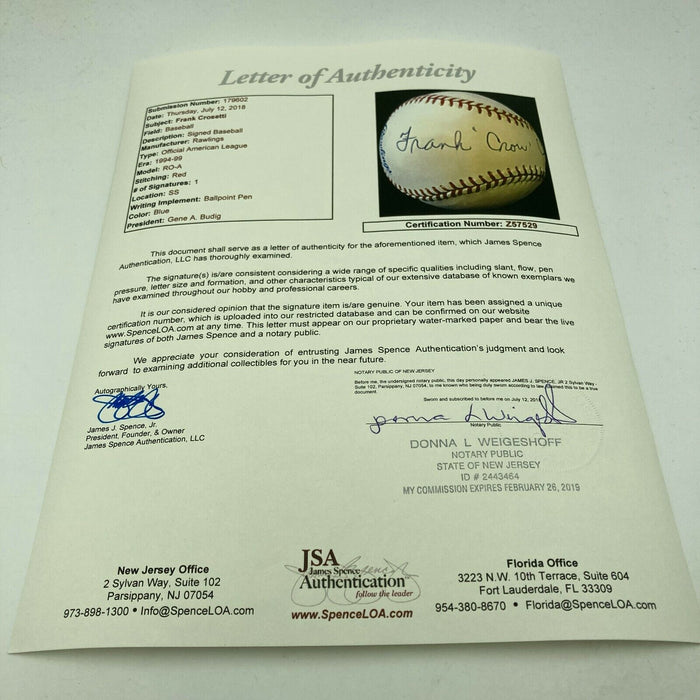 Frank "Crow" Crosetti Single Signed American League Baseball JSA COA NY Yankees