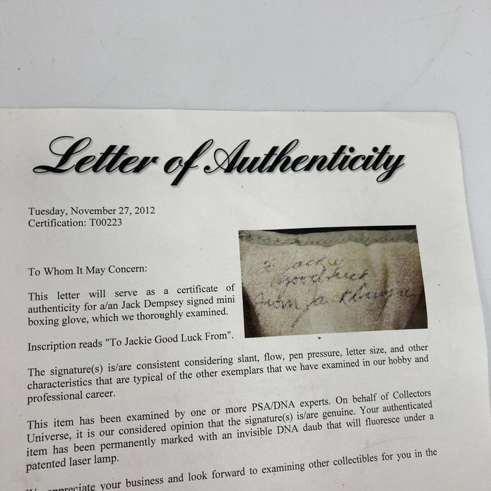 Jack Dempsey Signed Vintage Boxing Glove PSA DNA COA