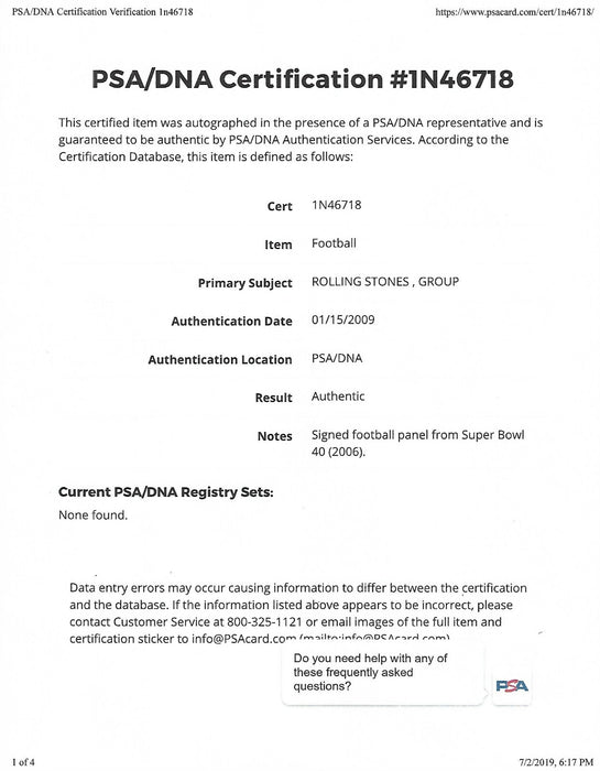 Mick Jagger Rolling Stones Band Signed Football Super Bowl XL Halftime Show PSA