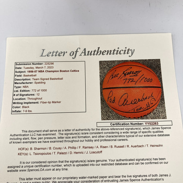 1956-1957 Boston Celtics  NBA Champs Team Signed Basketball JSA COA