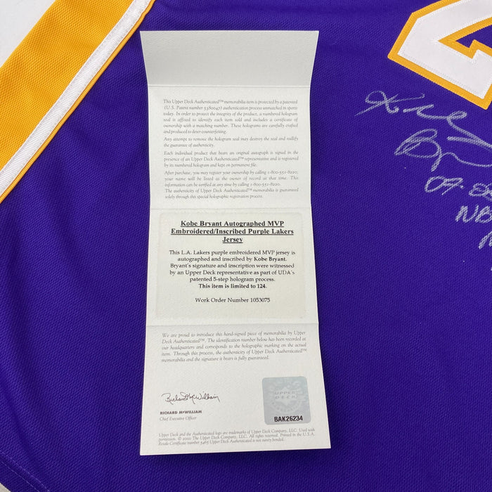 Kobe Bryant 2007-08 NBA MVP Signed Pro Cut Los Angeles Lakers Jersey UDA & BAS