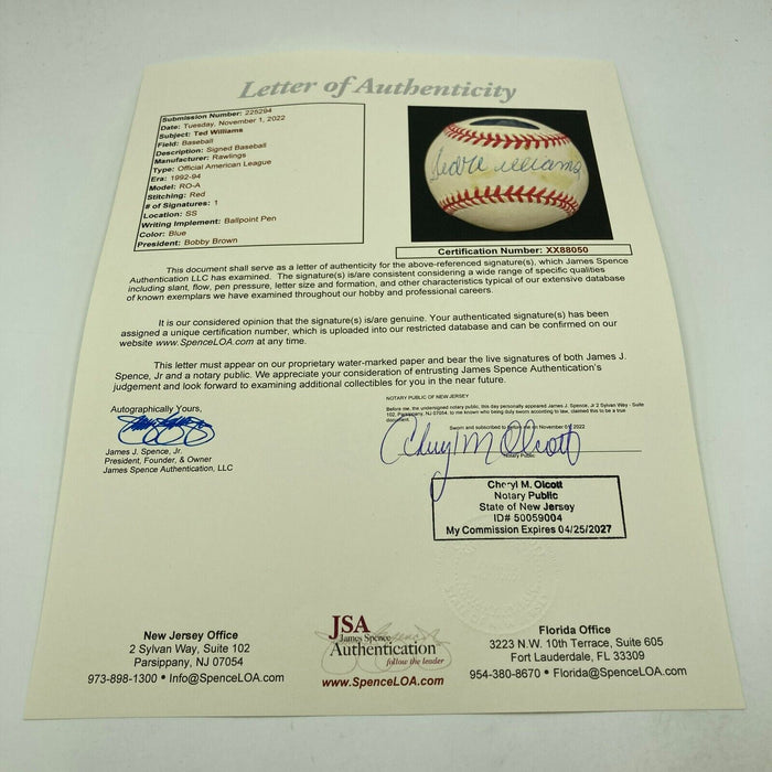 Ted Williams Signed Official American League Baseball JSA COA