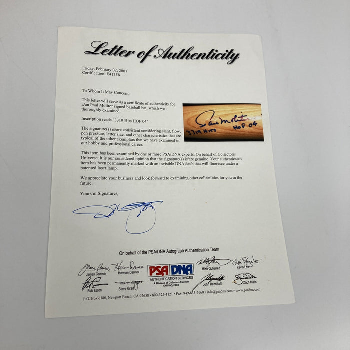 Paul Molitor 3319 Hits HOF 2004 Signed Rawlings Baseball Bat PSA DNA COA