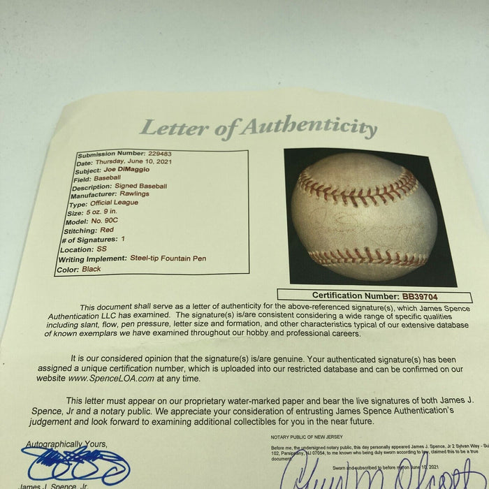 Joe Dimaggio 1940's Playing Days Single Signed Baseball With JSA COA