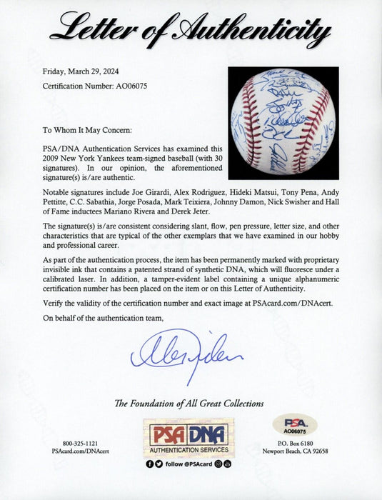 2009 New York Yankees Team Signed World Series Baseball Derek Jeter JSA COA