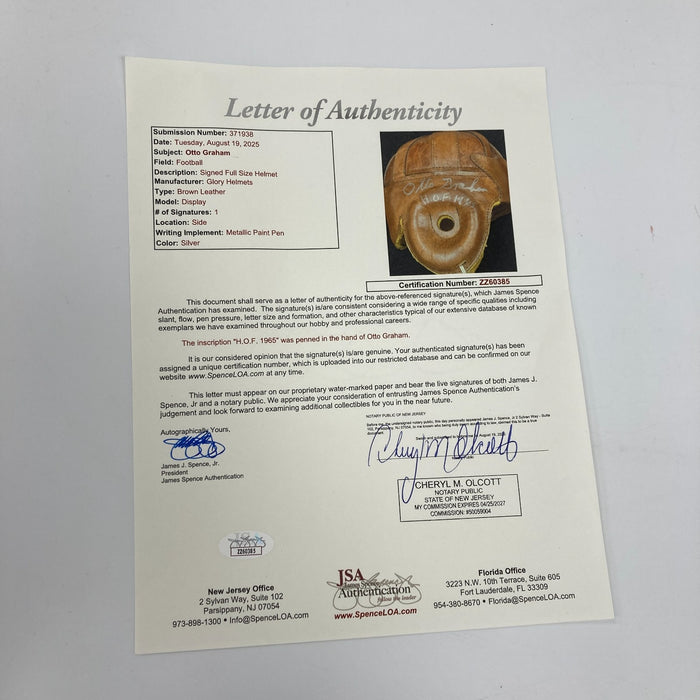 Otto Graham Hall Of Fame 1965 Signed Full-Size Leather GLORY Helmet JSA COA