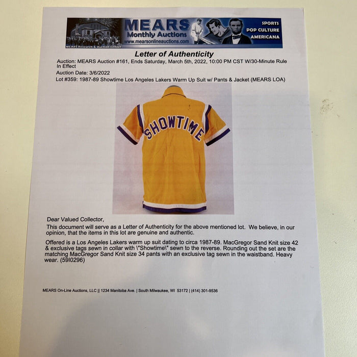 1987 Los Angeles Lakers "Showtime" Game Used Warm Up Suite W/Pants MEARS COA
