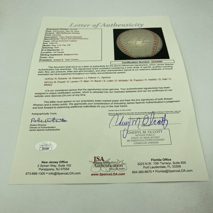1965 Baltimore Orioles Team Signed American League Baseball 31 Sigs JSA COA