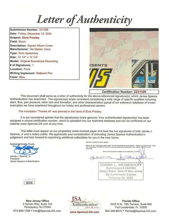 Elvis Presley Signed Speedway Original Soundtrack Vinyl Album JSA COA