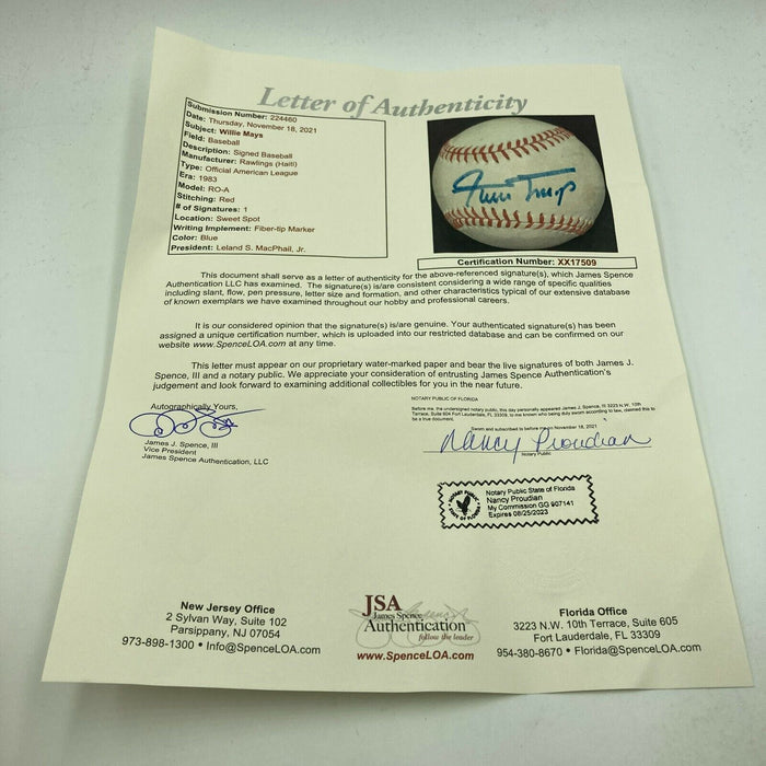 Willie Mays Signed Vintage American League (Macphail) Baseball JSA COA