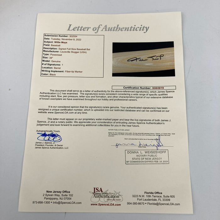 Willie Mays Signed Louisville Slugger Baseball Bat With JSA COA