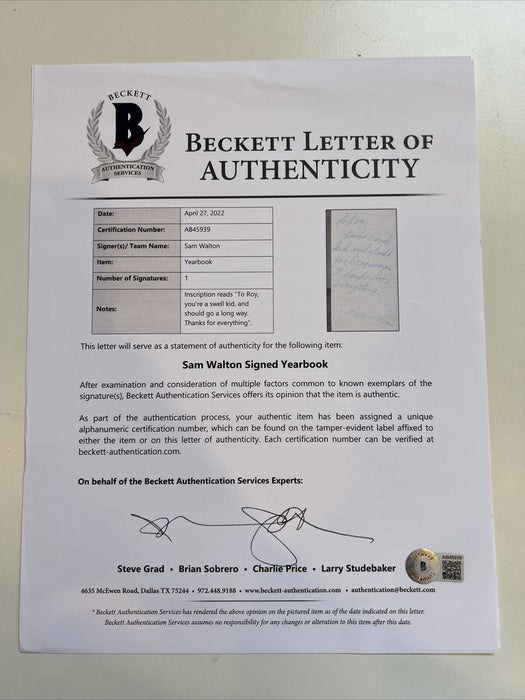 Sam Walton Signed 1936 High School Yearbook Walmart Owner Beckett & JSA COA