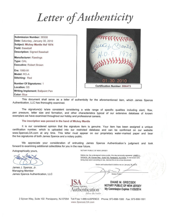 Mickey Mantle Hall Of Fame 1974 Signed Baseball PSA DNA Graded 9 MINT Auto