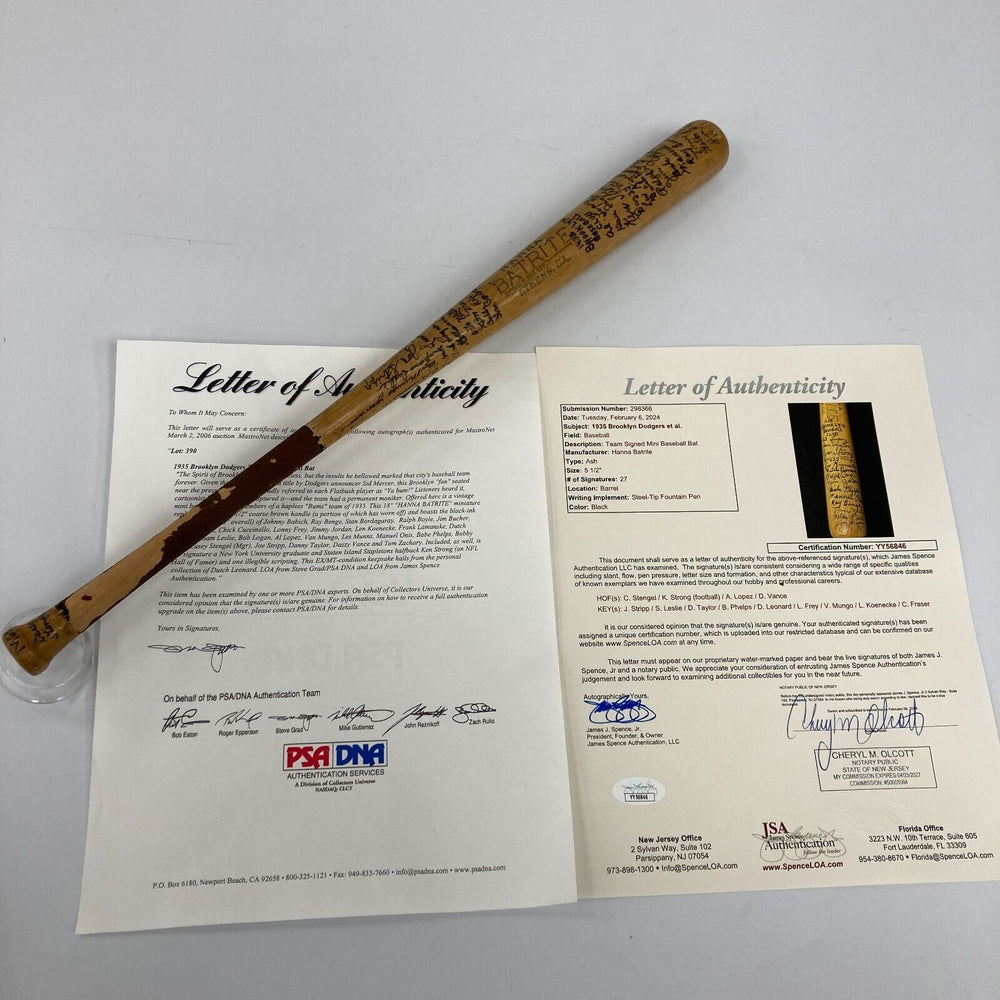 1935 Brooklyn Dodgers Team Signed Mini Baseball Bat 27 Sigs JSA COA