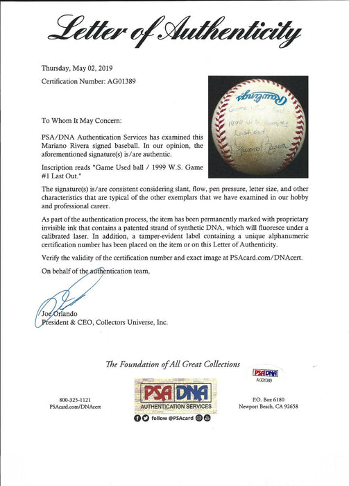 The Final Out Baseball Of The 1999 World Series Signed By Mariano Rivera PSA DNA