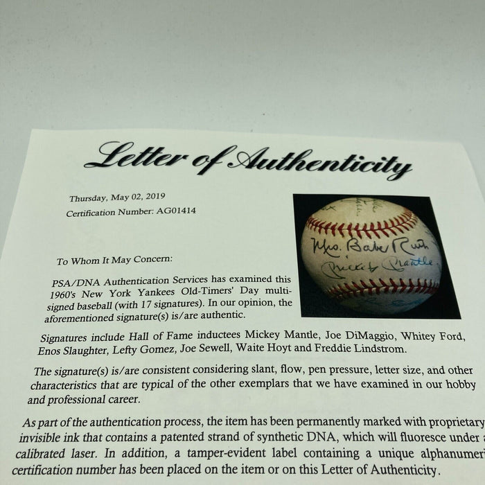 Mickey Mantle Joe Dimaggio Mrs. Babe Ruth Mrs. Lou Gehrig Signed Baseball PSA