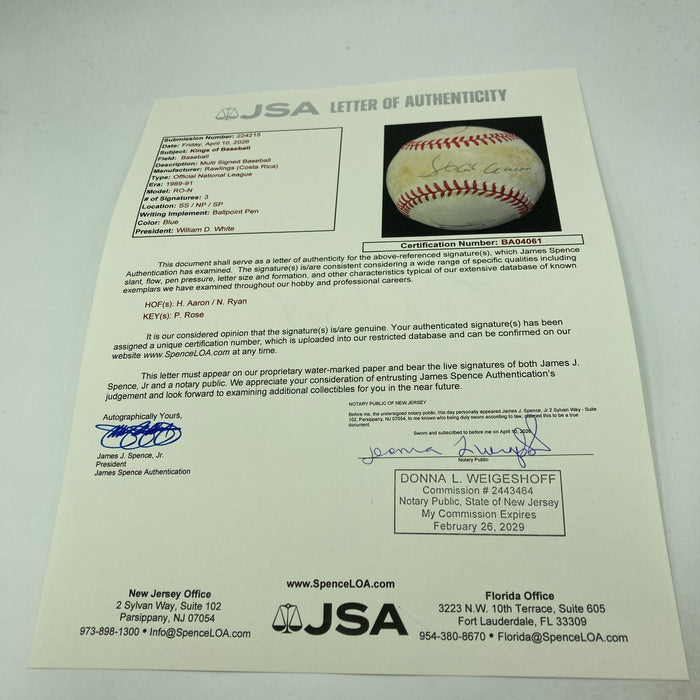 Hank Aaron Nolan Ryan Pete Rose Kings Of Baseball Signed Baseball JSA COA