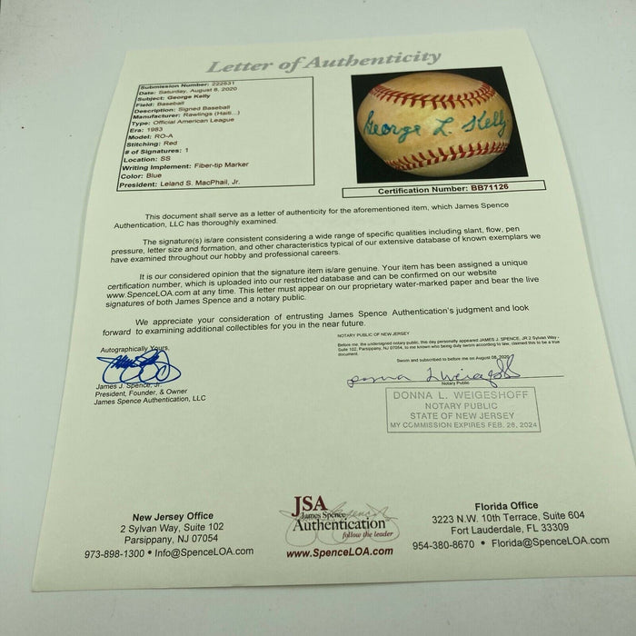 George Kelly Single Signed Autographed Vintage American League Baseball JSA COA