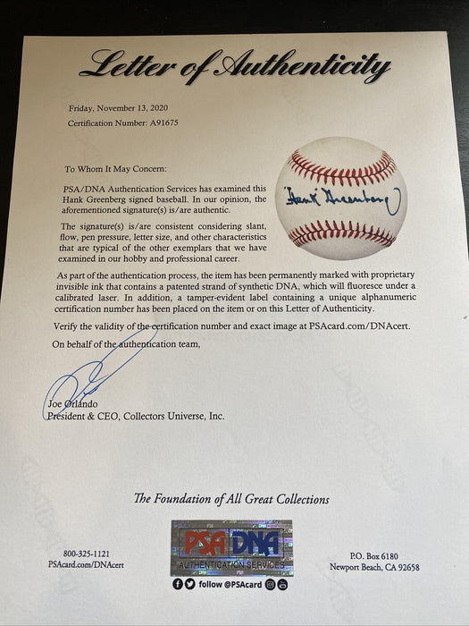 Beautiful Hank Greenberg Single Signed Official American League Baseball PSA DNA