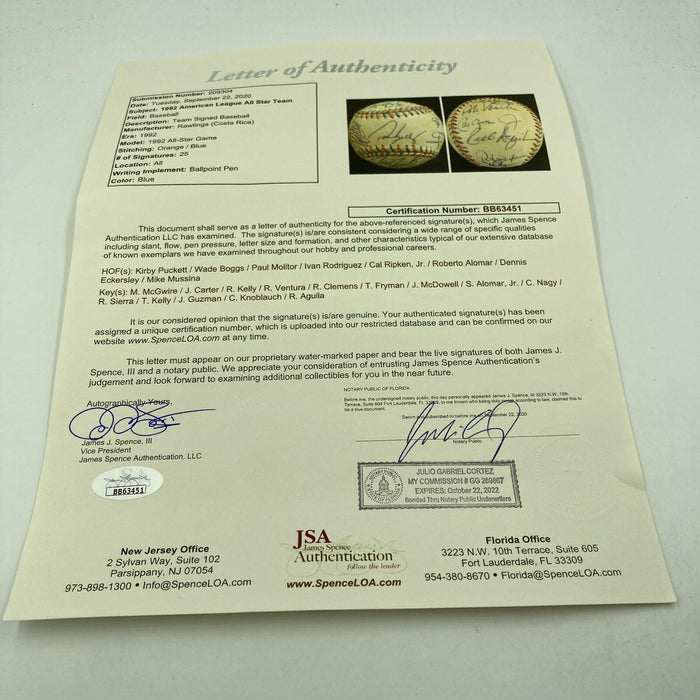 1992 All Star Game Team Signed Baseball Kirby Puckett Cal Ripken Jr. JSA COA
