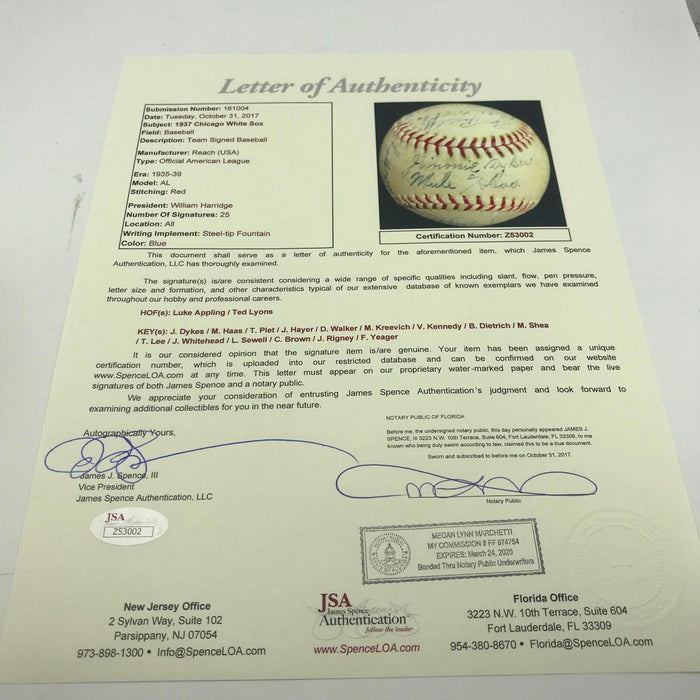 Beautiful 1937 Chicago White Sox Team Signed American League Baseball JSA COA